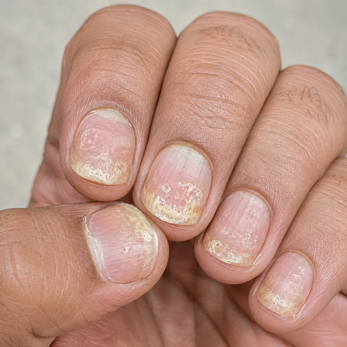 Before treatment view showing brittle, discolored nails with psoriasis changes