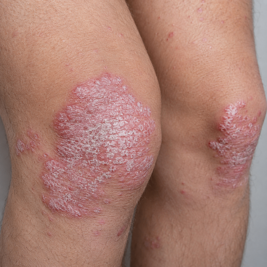 Psoriasis plaques around the knees